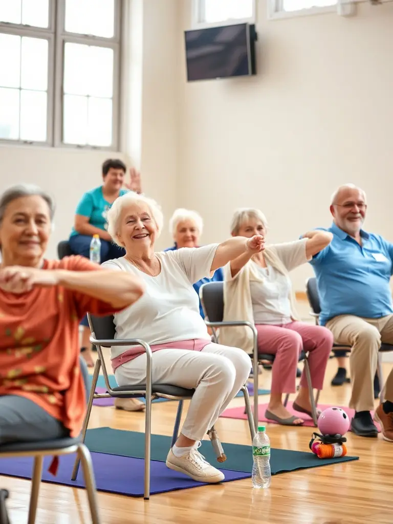 A group of smiling seniors participating in a gentle stretching exercise during a gymnastics class, with a focus on mobility and flexibility.
