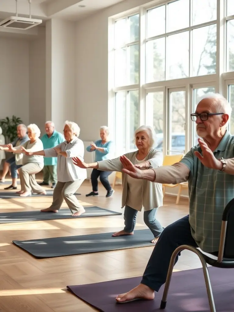 Seniors participating in gentle gymnastics exercises, focusing on mobility and balance. The setting is relaxed and supportive, promoting health and well-being.