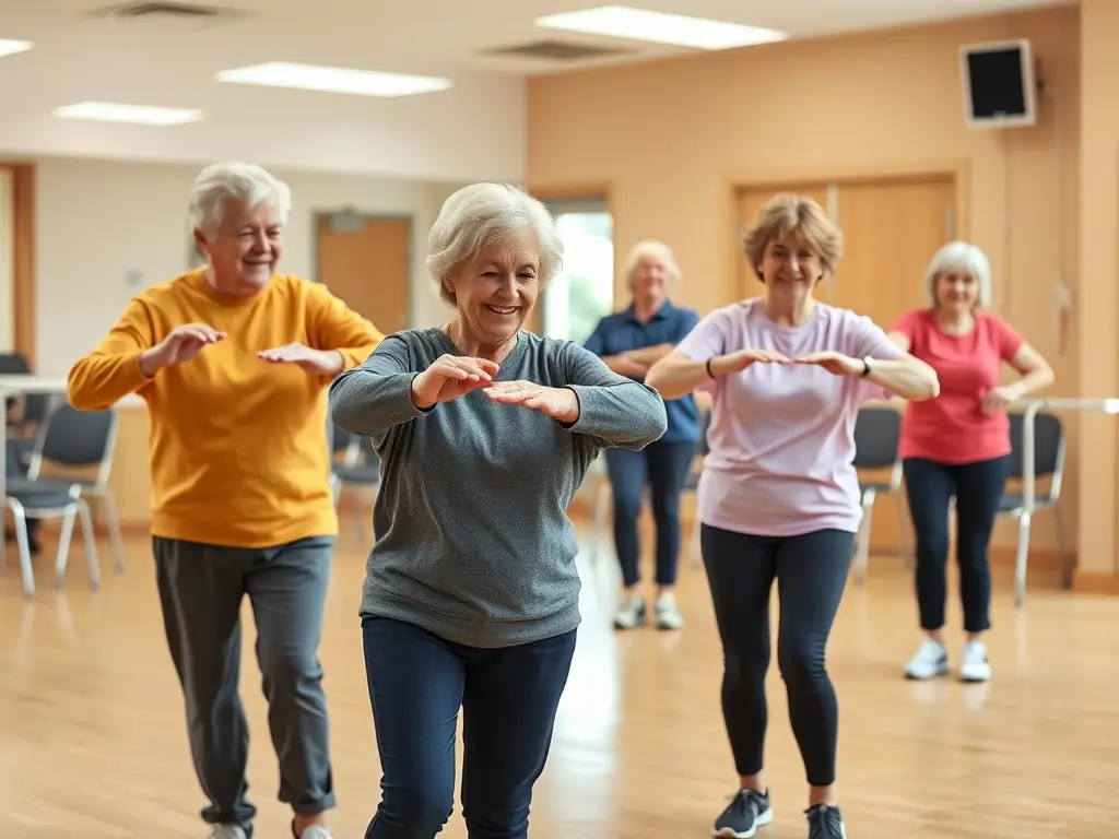 Seniors participating in a gentle gymnastics session, focusing on maintaining mobility and balance, with a supportive instructor providing guidance.