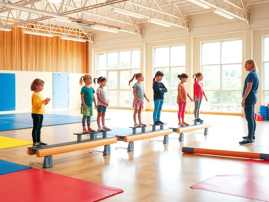 A group of children participating in a gymnastics class, focusing on balance and coordination exercises, with a qualified instructor guiding them.