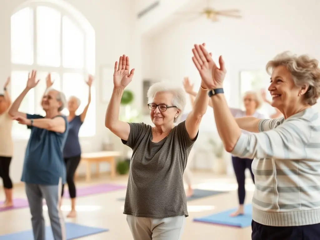 A group of adults participating in a gentle stretching exercise during a gymnastics class, with a qualified instructor guiding them. The setting is a bright and spacious community hall.