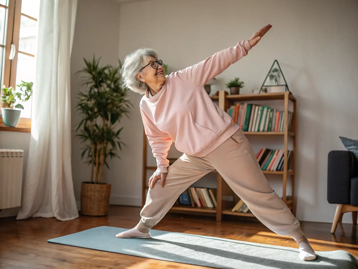 A senior citizen participating in a gentle gymnastics class, focusing on flexibility and balance exercises. The setting is a community center with soft lighting and comfortable surroundings.