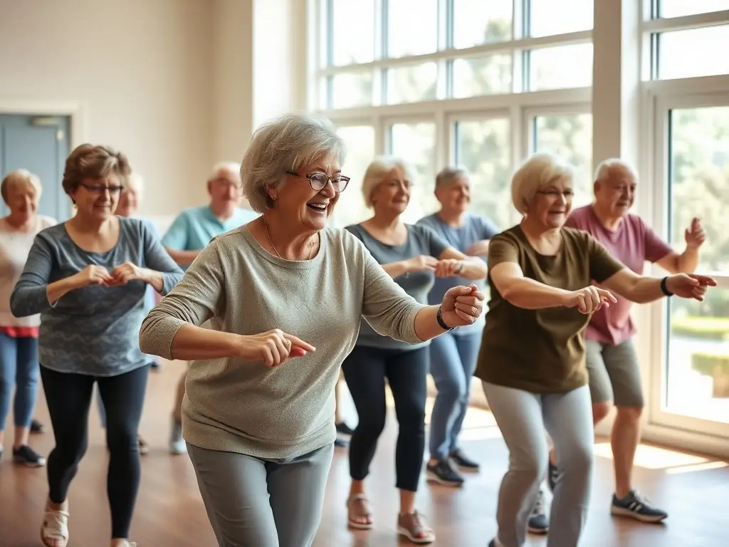Seniors participating in a chair-based exercise class, focusing on mobility and gentle movements. The setting is a comfortable and accessible community center.