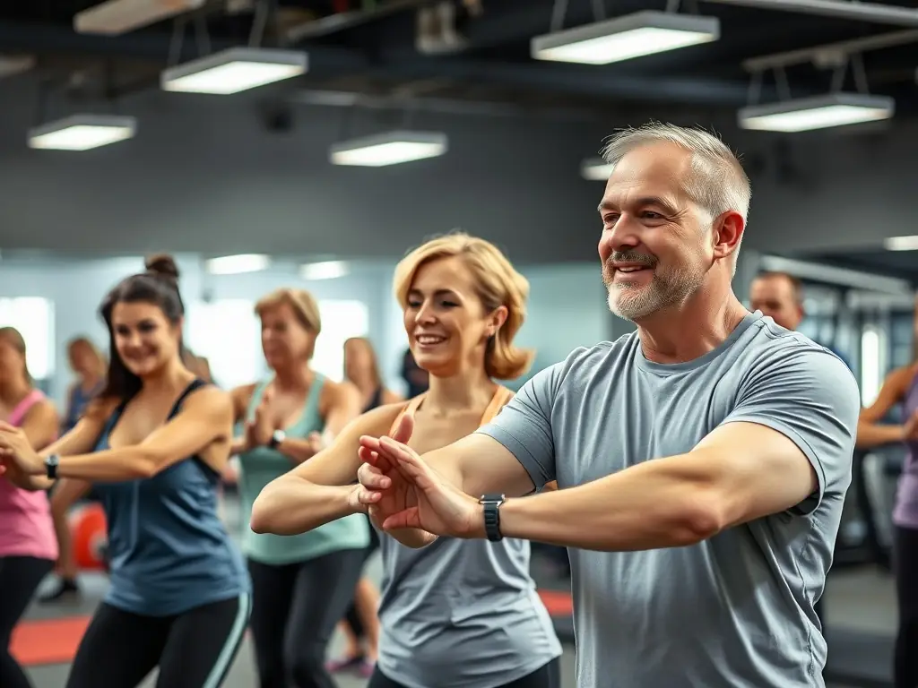 Adults participating in a low-impact gymnastics class, focusing on flexibility and mobility exercises, in a well-equipped gymnastics facility.