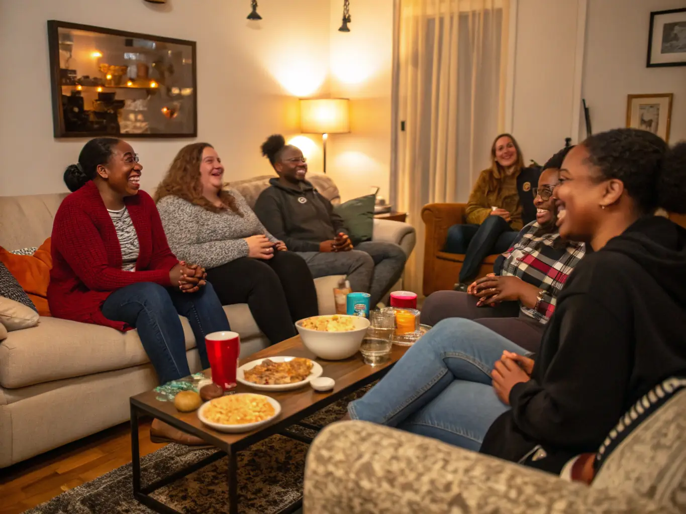 A photograph capturing the laughter and camaraderie of members socializing after a gymnastics class, emphasizing the social benefits of joining ASSOCIATION DE GYMNASTIQUE VOLONTAIRE DE MOUSTIER VENTADOUR.