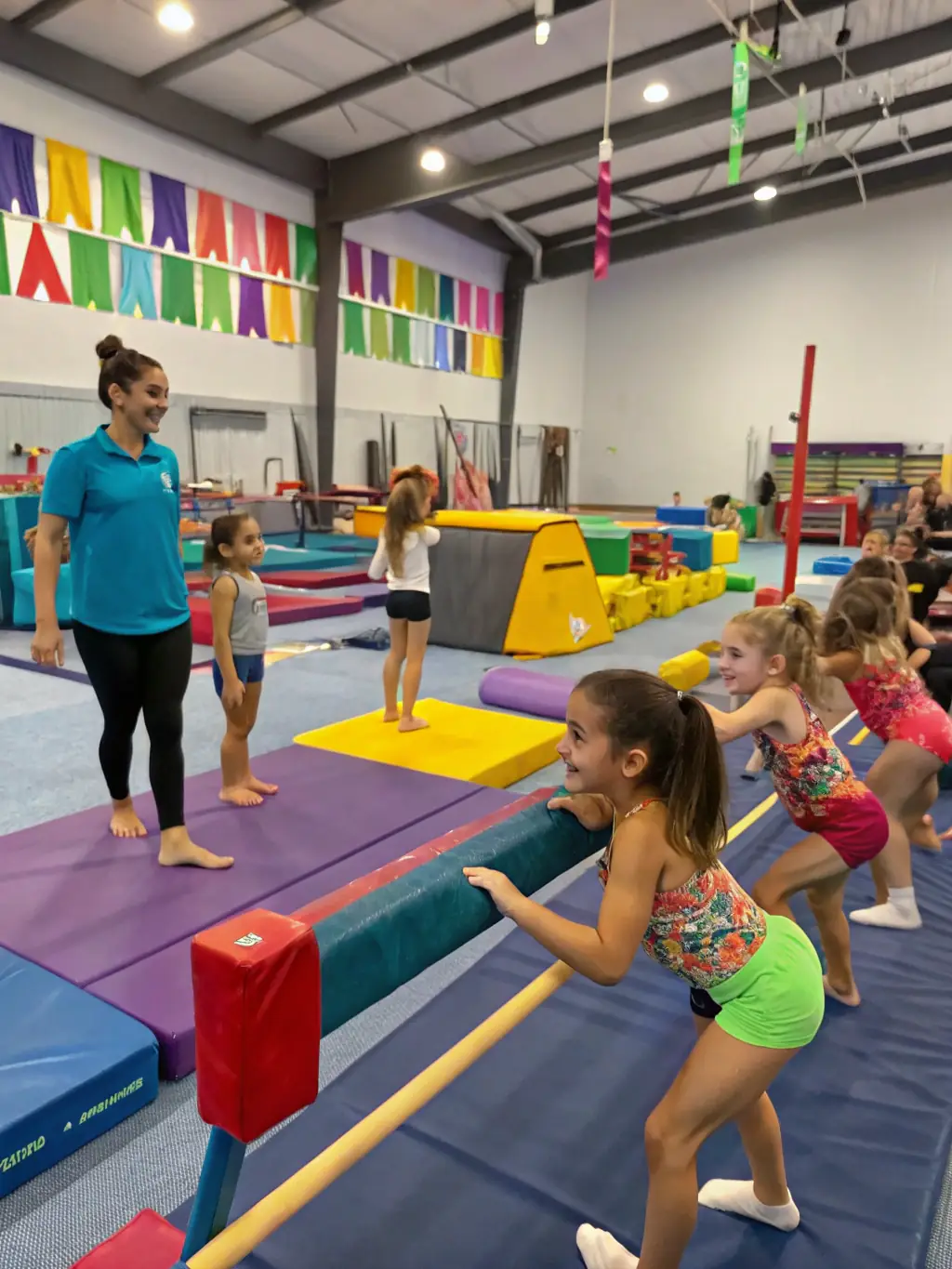 A group of children happily participating in a gymnastics class, with a coach guiding them through various exercises. The scene is bright and energetic, showcasing the fun and engaging nature of the program.