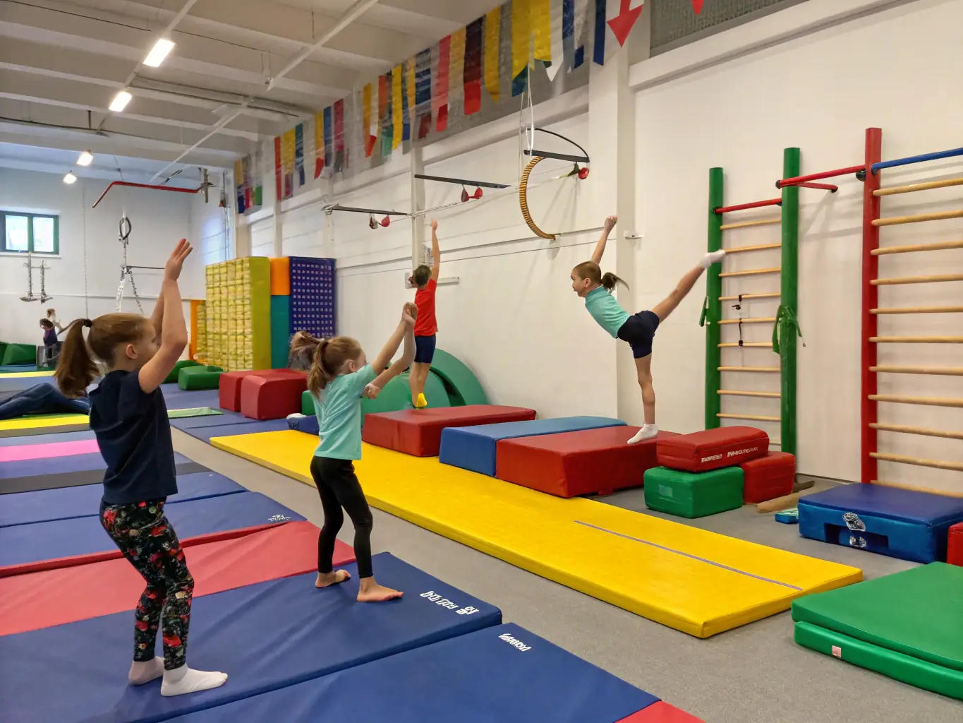 A group of children participating in a gymnastics class, performing basic exercises under the guidance of an instructor. The setting is a bright and spacious gymnasium with colorful mats and equipment.