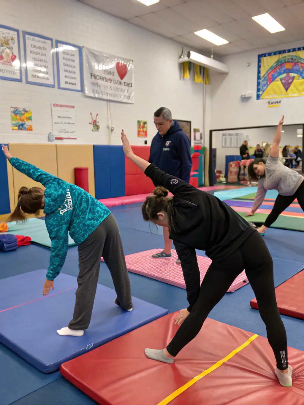 Adults in a gymnastics class, performing stretches and exercises under the guidance of an instructor. The atmosphere is encouraging and focused on improving fitness and flexibility.