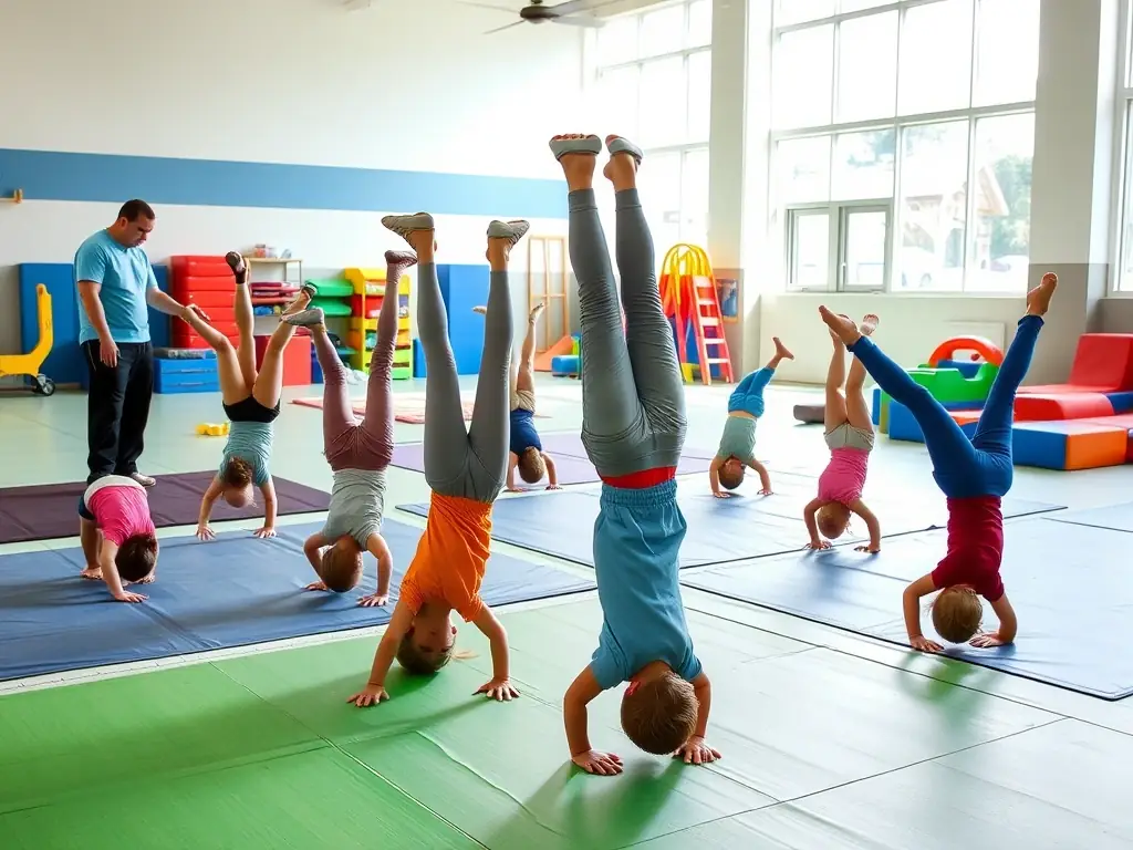 Children participating in a fun gymnastics class, learning basic tumbling skills under the supervision of experienced coaches. The atmosphere is energetic and encouraging.