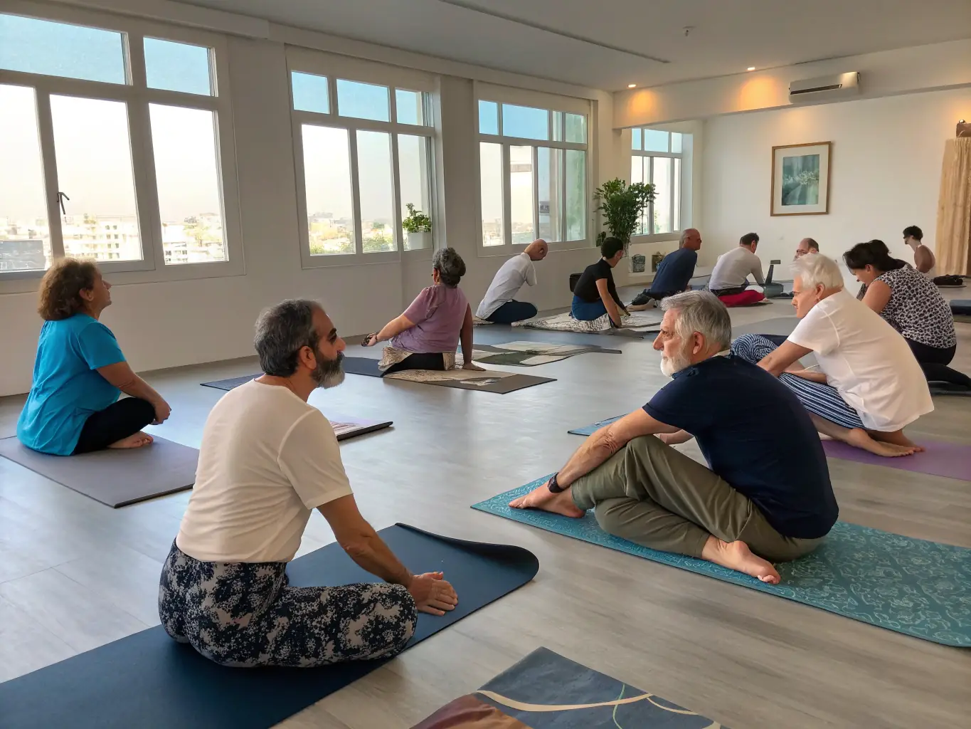 A group of diverse individuals participating in a gentle stretching exercise during a gymnastics session, showcasing the inclusive and supportive environment of ASSOCIATION DE GYMNASTIQUE VOLONTAIRE DE MOUSTIER VENTADOUR.
